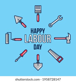 Labour day with smiling workers cartoons over blue background