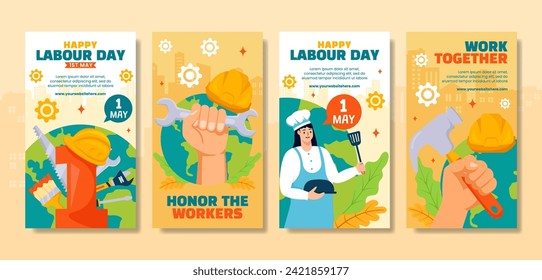 Labour Day Social Media Stories Flat Cartoon Hand Drawn Templates Background Illustration