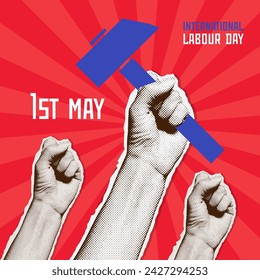 Labour day square card with halftone collage hand holding hammer with raised fists isolated on red background. Vintage vector editable. 1st May