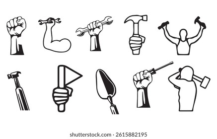 "Labour Day Tool Icons | Worker Hands with Tools Vector Set"