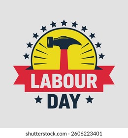 Labour Day vector emblem featuring a hammer, stars, and a bold red banner on a yellow background. A perfect design for May 1st celebrations, worker rights awareness, and promotions.