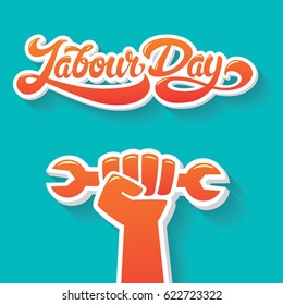 Labour Day vector illustration with with clenched fist holding wrench and custom typography. 1st May Workers Day.