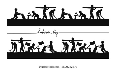 Labour Day Worker Silhouettes with Flag and Tools.Vector Illustration