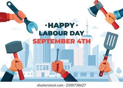 Labour Day, workers, tools, celebration, holiday, professions, global workforce,  illustration, labor, blue collar, job, employment, teamwork, hands holding tools, working class,  worker rights, 