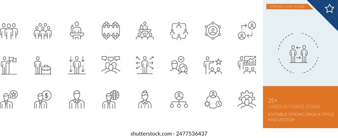 La ilustración de stock de "Labor Force Line Icon Set" normalmente incluye una colección de íconos minimalistas que representan varios aspectos relacionados con la mano de obra y la fuerza laboral.