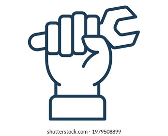 labour hand wrench single icon white isolated background with outline style