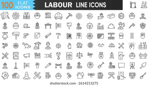 Labour Icons Collection — Line Art for Worker Tools, Builder Equipment, Construction Site, and Industrial Elements | Vector Set