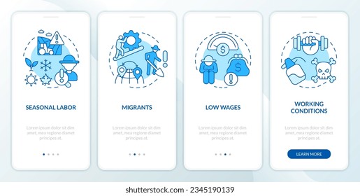 Labour issues in agriculture blue onboarding mobile app screen. Farm industry walkthrough 4 steps editable graphic instructions with linear concepts. GUI template. Myriad Pro-Bold, Regular fonts used