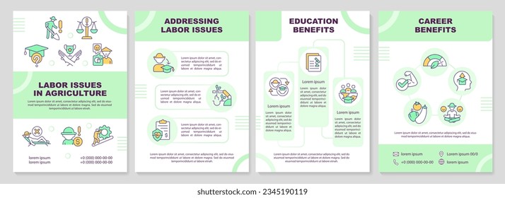 Labour issues in agriculture brochure template. Farm industry. Leaflet design with linear icons. Editable 4 vector layouts for presentation, annual reports. Arial-Black, Myriad Pro-Regular fonts used
