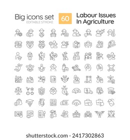 Labour issues in agriculture linear icons set. Rural development. Agriculture business. Farm worker. Customizable thin line symbols. Isolated vector outline illustrations. Editable stroke