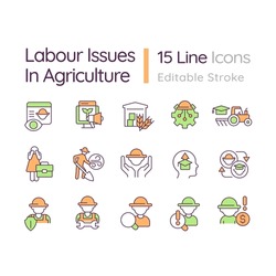 Labour Issues In Agriculture RGB Color Icons Set. Food Production. Agriculture Worker. Labor Market. Isolated Vector Illustrations. Simple Filled Line Drawings Collection. Editable Stroke