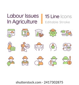 Labour issues in agriculture RGB color icons set. Food production. Agriculture worker. Labor market. Isolated vector illustrations. Simple filled line drawings collection. Editable stroke