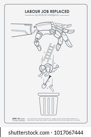 Labour job replaced by Ai (artificial intelligence),Robot mechanic hand trown labor man worker on trash. Robot replacing mankind. Vector outline concept to poster.