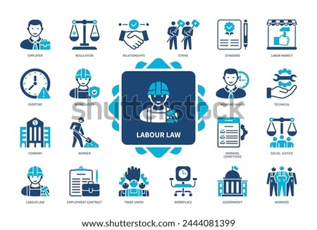 Labour Law icon set. Relationship, Regulation, Work Safety, Trade Union, Social Justice, Workers, Government, Strike. Duotone color solid icons