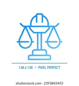 Icono de vector lineal de gradiente perfecto de píxel de derecho laboral. Protección de los derechos de los empleados. Reglamentación jurídica de las relaciones laborales. Símbolo de color de línea delgada. Pictograma de estilo moderno. Dibujo de contorno aislado del vector