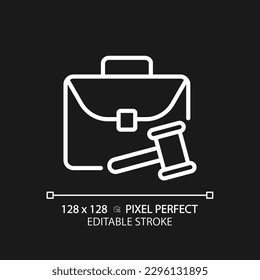 Labour law pixel perfect white linear icon for dark theme. Worker rights protection. Employee and employer relationship. Thin line illustration. Isolated symbol for night mode. Editable stroke