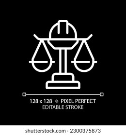 Labour law pixel perfect white linear icon for dark theme. Employee rights protection. Work relations legal regulation. Thin line illustration. Isolated symbol for night mode. Editable stroke