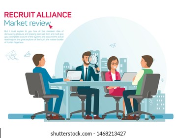 Labour Market Review Flat Vector Banner Template. Recruiting Alliance Job Search Services Advertising. HR Experts Analysing Relevant Candidates, Selecting Suitable Applicants at Interview