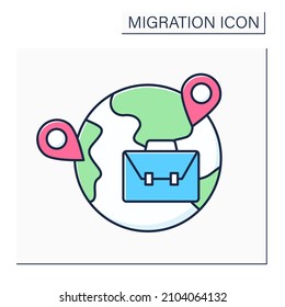 Symbol für Arbeitsmigration Erzwungene Reise, um Geld zu verdienen. Der Übergang vom Heimatstaat in ein anderes Land zum Zweck der Beschäftigung.Migrationskonzept. Einzelne Vektorgrafik