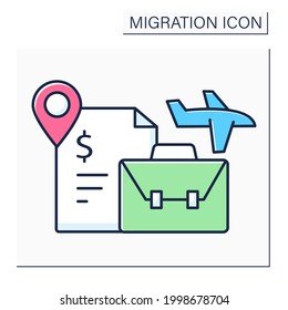 Labour migration color icon. Movement to another state to find job. Better living conditions. Work visa. Migration concept. Isolated vector illustration