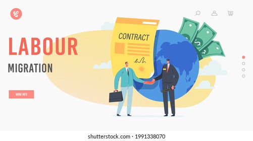 Labour Migration Landing Page Template. Businessman Character in Airport Leaving Motherland for Employment Abroad. Drain Brain. Research Job in Foreign Country. Cartoon People Vector Illustration