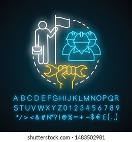 Labour union neon light concept icon. Employee rights protection idea. Trade union. Staff interests representative. Glowing sign with alphabet, numbers and symbols. Vector isolated illustration
