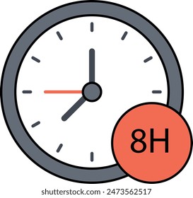 Labours Working 8 Hours Signage concept, Clock with 8h Text vector outline design, Industrial Equipment Symbol, 1st of May Sign, International Workers Day stock illustration