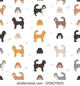 Labradoodle seamless pattern.  Different poses, coat colors set.  Vector illustration