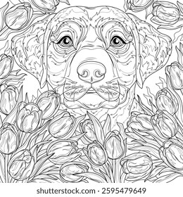 Labrador dog among tulips.Coloring book antistress for children and adults. Illustration isolated on white background. Hand draw