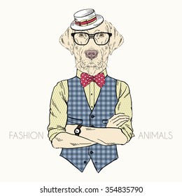 Labrador dog boy dressed up in retro American style, fashion animal illustration