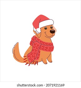 Labrador dog in a Christmas hat and knitted scarf. Vector illustration in flat style isolated on white background.