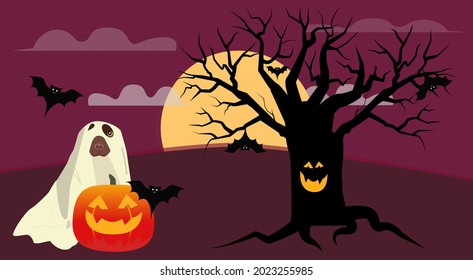 a labrador dog dressed up for Halloween. Big moon and pumpkin