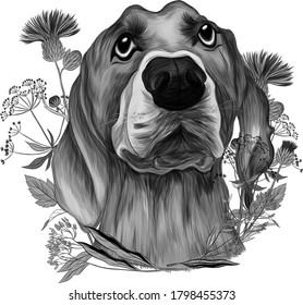 Labrador dog with flowers print black and white sketch composition vector illustration