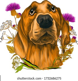 Perro de labrador con flores composición de impresión ilustración vectorial