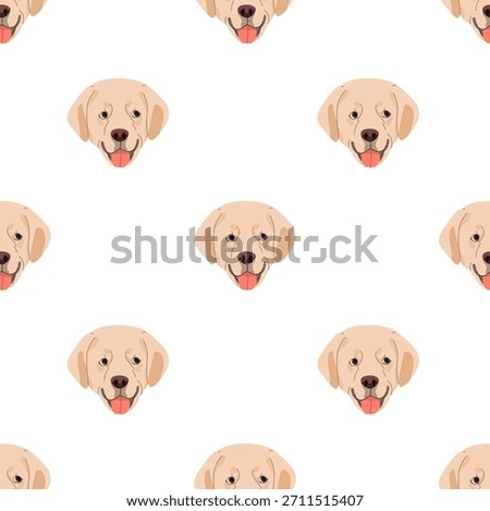 Labrador dog heads, seamless pattern, repeating print. Endless canine animal background design, cute happy puppy face, muzzle with tongue out. Flat vector illustration for textile, fabric, wrapping