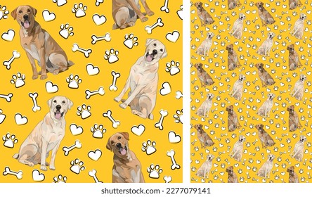 Labrador dog on a playful yellow background with bones and paws. Funky, colorful vibe, vibrant palette. Simple, clean, modern texture. Summer seamless pattern with dogs.Birthday present.Valentine,love