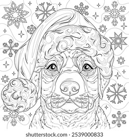 Labrador dog in a Santa Claus hat.Coloring book antistress for children and adults. Illustration isolated on white background. Hand draw