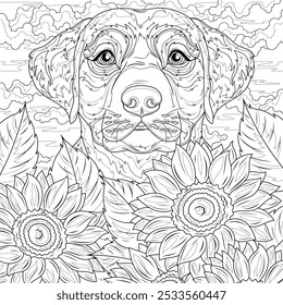 Labrador cão em girassóis.Colorir livro antistress para crianças e adultos. Ilustração isolada no estilo background.Zen-tangle branco. Desenho da mão