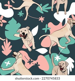 Labrador dog wallpaper with leaves, palms, flowers, plants. Pastel green, pink, navy. Holiday abstract natural shapes. Seamless floral background with dogs, repeatable pattern. Birthday wallpaper. 