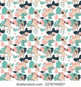 Labrador dog wallpaper with leaves, palms, flowers, plants. Pastel green, pink, navy. Holiday abstract natural shapes. Seamless floral background with dogs, repeatable pattern. Birthday wallpaper. 