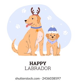 A Labrador family ready for the holidays. Illustration of an adult dog with deer antlers and a collar with a medal, as well as a puppy wearing a blue hat and scarf. Vector Flyer with place for text.