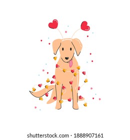 Labrador with fun heart shape headband for Saint Valentine's day. Cute dog in lights garland and broken ornament. Love symbol and puppy isolated. Print graphic element. Vector flat linear illustration