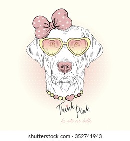 labrador girl doggy portrait in pink glasses, hand drawn graphic