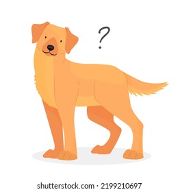 A Labrador or golden retriever dog with a question mark. Dog question. An uncomprehending dog with its head tilted. Vector pet illustration.