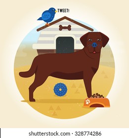 Labrador icon in flat style. Dog illustration, examples of using: t-shirts, card, cover, background. Pet on a background of the autumn field with dog home. Grunge texture.