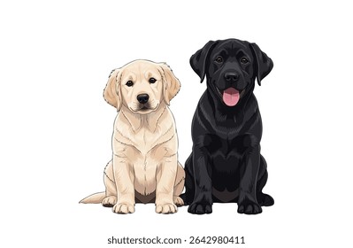 Labrador Puppies Vector Illustration – Yellow and Black Sitting Dogs on White Background