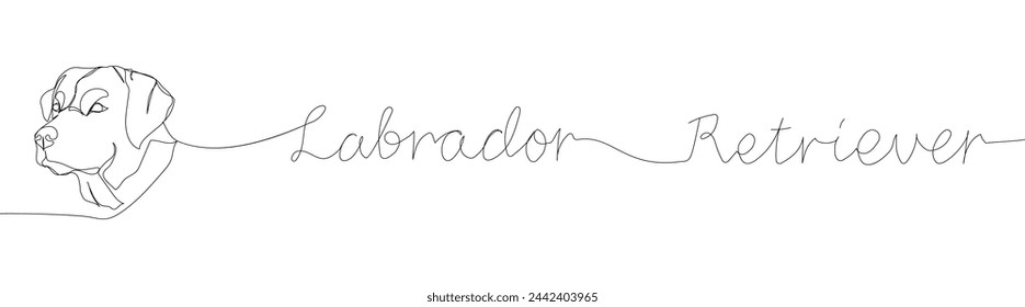 Labrador Retriever breed, companion dog, hunting dog one line art. Continuous line drawing of friend, doggy, friendship, care, pet, animal, family, canine with inscription, lettering, handwritten.