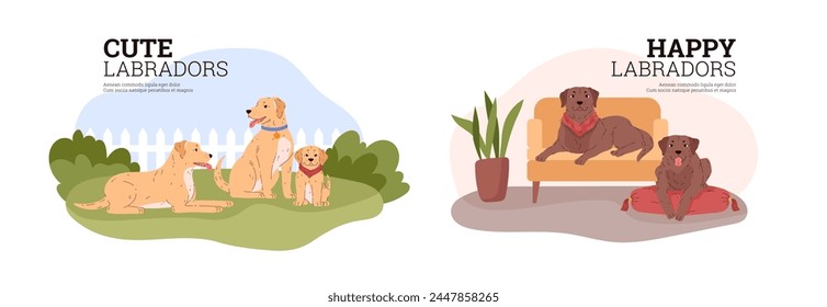 Labrador retriever breed dogs on the lawn and in the room vector illustrations set. Cute friendly pet with beige or brown wool. Cartoon dog and puppy with collar. Domestic canine purebred animals