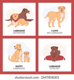 Labrador retriever breed vector posters set. Cute friendly pet with beige or brown wool. Cartoon dog and puppy with neckerchief collar or pendant. Domestic canine purebred animal portraits