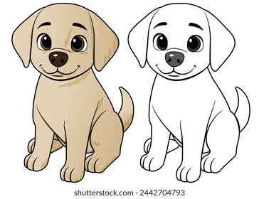 Labrador retriever cartoon smiling 2D style character sitting isolate
